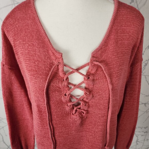 LOFT Coral Pink Ramie Cotton Blend Knit Lace Up Front Sweater - Picture 2 of 6